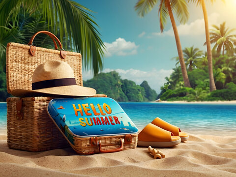 Summer season vector concept. Hello, summer greeting text with summer vacation travel elements of luggage, hat, mobile phone, beach bag, sunglasses, slippers, and sunscreen in beach background design.