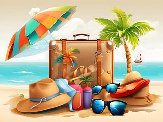 Leinwandbilder - Summer season vector concept. Hello, summer greeting text with summer vacation travel elements of luggage, hat, mobile phone, beach bag, sunglasses, slippers, and sunscreen in beach background design.