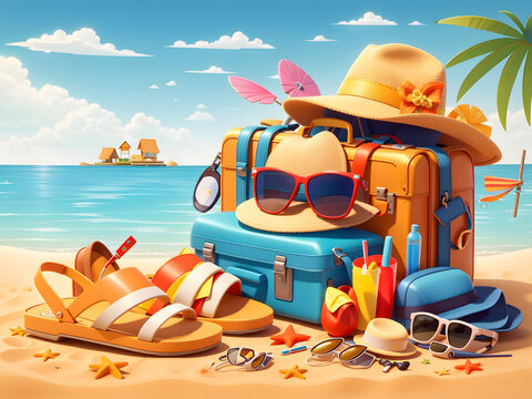 Summer season vector concept. Hello, summer greeting text with summer vacation travel elements of luggage, hat, mobile phone, beach bag, sunglasses, slippers, and sunscreen in beach background design.