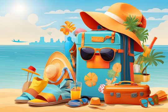 Summer season vector concept. Hello, summer greeting text with summer vacation travel elements of luggage, hat, mobile phone, beach bag, sunglasses, slippers, and sunscreen in beach background design.