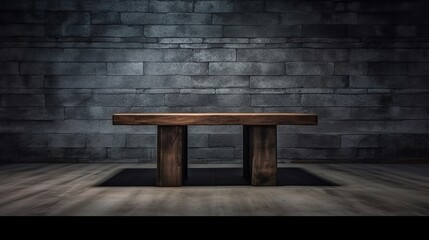 Empty wooden table in front of black brick wall.