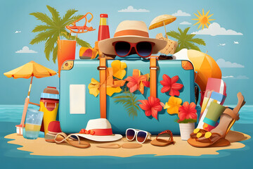 Leinwandbilder - Summer season vector concept. Hello, summer greeting text with summer vacation travel elements of luggage, hat, mobile phone, beach bag, sunglasses, slippers, and sunscreen in beach background design.