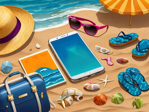 Summer season vector concept. Hello, summer greeting text with summer vacation travel elements of luggage, hat, mobile phone, beach bag, sunglasses, slippers, and sunscreen in beach background design.