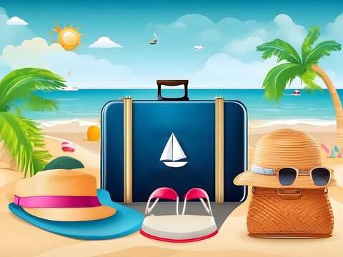 Summer season vector concept. Hello, summer greeting text with summer vacation travel elements of luggage, hat, mobile phone, beach bag, sunglasses, slippers, and sunscreen in beach background design.