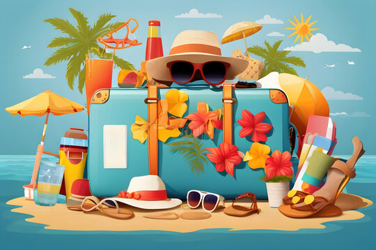 Summer season vector concept. Hello, summer greeting text with summer vacation travel elements of luggage, hat, mobile phone, beach bag, sunglasses, slippers, and sunscreen in beach background design.