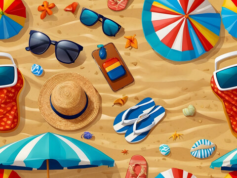Summer season vector concept. Hello, summer greeting text with summer vacation travel elements of luggage, hat, mobile phone, beach bag, sunglasses, slippers, and sunscreen in beach background design.