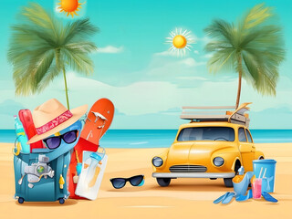 Leinwandbilder - Summer season vector concept. Hello, summer greeting text with summer vacation travel elements of luggage, hat, mobile phone, beach bag, sunglasses, slippers, and sunscreen in beach background design.