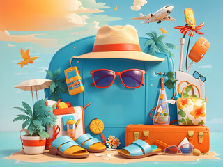 Leinwandbilder - Summer season vector concept. Hello, summer greeting text with summer vacation travel elements of luggage, hat, mobile phone, beach bag, sunglasses, slippers, and sunscreen in beach background design.