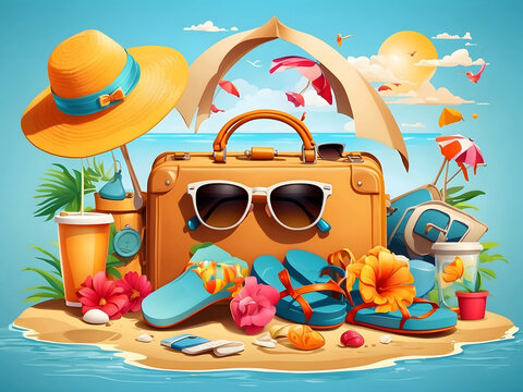 Summer season vector concept. Hello, summer greeting text with summer vacation travel elements of luggage, hat, mobile phone, beach bag, sunglasses, slippers, and sunscreen in beach background design.