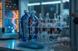 © Nisit - Biotechnology lab side view showing bioreactors and DNA helices to illustrate genetic engineering robotic tone Analogous Color Schem
