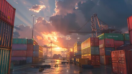 Wall Mural - a bustling industrial port at sunset with stacks of vibrant shipping containers, cranes towering in the background