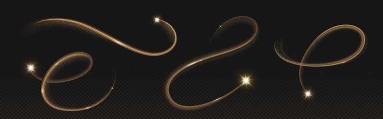 Wall Mural - gold star with magic curve trail on transparent background. realistic vector illustration set of bri