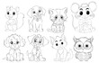 Assorted cute animals in black and white outlines