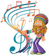 Cartoon hippie playing music with vibrant notes.