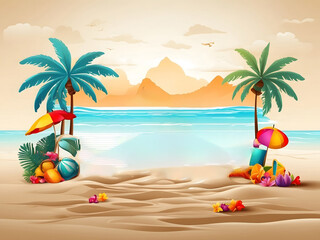 Leinwandbilder - Summer season vector design. Hello summer typography text with tropical holiday elements in sand beach background for fun and enjoy outdoor day vacation design. Vector illustration