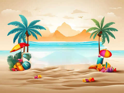 Summer season vector design. Hello summer typography text with tropical holiday elements in sand beach background for fun and enjoy outdoor day vacation design. Vector illustration