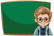 Cartoon boy in glasses standing by a green chalkboard