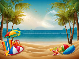 Leinwandbilder - Summer season vector design. Hello summer typography text with tropical holiday elements in sand beach background for fun and enjoy outdoor day vacation design. Vector illustration