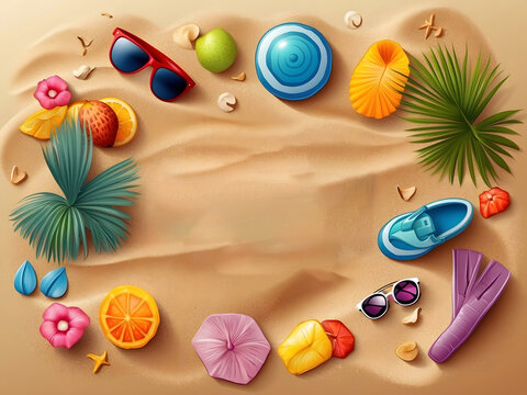 Summer season vector design. Hello summer typography text with tropical holiday elements in sand beach background for fun and enjoy outdoor day vacation design. Vector illustration