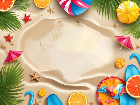 Summer season vector design. Hello summer typography text with tropical holiday elements in sand beach background for fun and enjoy outdoor day vacation design. Vector illustration