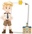 Cartoon boy with a frame shaped like a schoolhouse