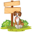 Cartoon dog beside a blank wooden signpost.