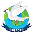 White dove flying over globe with peace banner