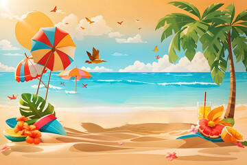 Leinwandbilder - Summer season vector design. Hello summer typography text with tropical holiday elements in sand beach background for fun and enjoy outdoor day vacation design. Vector illustration