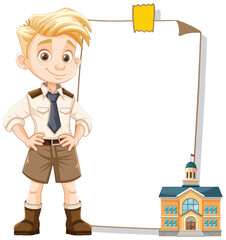 Wall Mural - Cartoon boy with a frame shaped like a schoolhouse