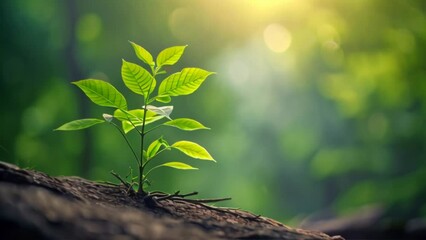 Wall Mural - green tree standing tall in a lush forest, with a dreamy bokeh background
