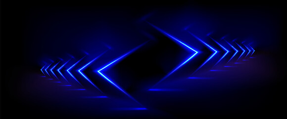 Poster - Black background with blue neon glow abstract arrow. Realistic 3d vector illustration of bg with luminous digital lines showing direction. backdrop with technology bright laser geometric shape.