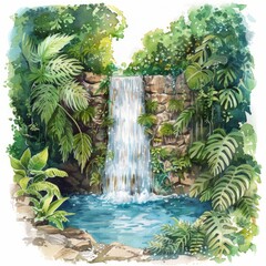 Wall Mural - Watercolor painting of a magical waterfall cascading into a crystal-clear pool surrounded by lush tropical foliage, Generative AI