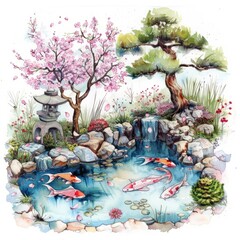 Wall Mural - Watercolor painting of a tranquil Japanese garden with koi ponds, cherry blossoms, and bonsai trees, on isolated white background, Generative AI