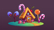 Candy land house. Sweet chocolate cartoon game set. Fantasy confectionery building with cane, lollipop and grass on island. Magic dream cookie dessert for party in fantastic candyland ui world