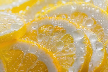 Wall Mural - A closeup of lemon slices, their vibrant yellow and white colors contrasting against the background