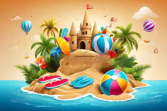 Summertime vector background design. It's summertime text with 3d tropical season elements like a sand castle, flip-flops, and beach balls for fun and enjoys holiday vacation activity