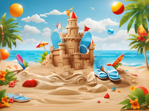 Summertime vector background design. It's summertime text with 3d tropical season elements like a sand castle, flip-flops, and beach balls for fun and enjoys holiday vacation activity