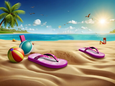 Summertime vector background design. It's summertime text with 3d tropical season elements like a sand castle, flip-flops, and beach balls for fun and enjoys holiday vacation activity
