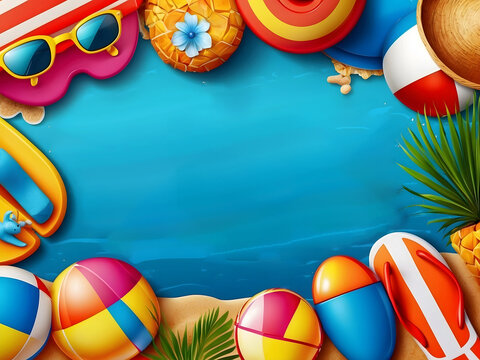 Summertime vector background design. It's summertime text with 3d tropical season elements like a sand castle, flip-flops, and beach balls for fun and enjoys holiday vacation activity
