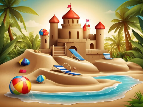 Summertime vector background design. It's summertime text with 3d tropical season elements like a sand castle, flip-flops, and beach balls for fun and enjoys holiday vacation activity