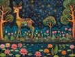 Traditional Madhubani Bharni style painting of a deer, serene and heartfelt, under a starry night sky with a forest lake and lotuses