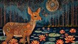 Serene concept of a deer by a lakeside forest with lotuses, under a starfilled sky in Madhubani Bharni style painting