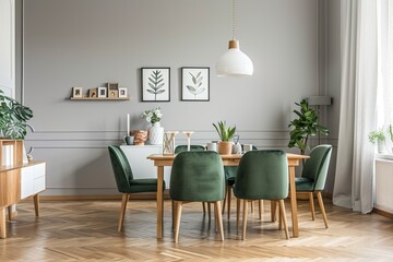 Wall Mural - Interior design of a small family dining room, Green chairs, wooden table, panel wall, beautiful light, and picture frame on the wall.