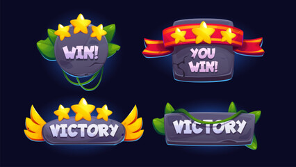 Poster - Win badge for game ui design. Cartoon vector illustration set of stone winner banner with wings, rating stars and ribbons, green leaves. Grey rock emblem trophy for tournament victory and achievement.