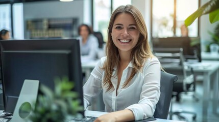 Sticker - A woman is sitting at a desk with a computer and smiling