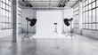 © Tawassul - A large and white simple photo studio with lights, film studio with technical equipment. Creative workshop of the photographer.