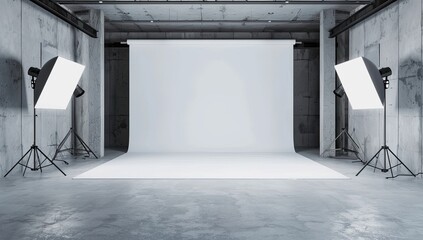 A large and white simple photo studio with lights, film studio with technical equipment. Creative workshop of the photographer.