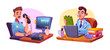 Male doctor character sitting at working desk with computer, phone and medical documents. Cartoon vector illustration set of man healthcare worker in uniform. Computed hospital office interior.