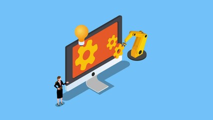 Woman Control smart Industry - Businesswoman with light bulb hand robot hands isometric 3d animation cartoon