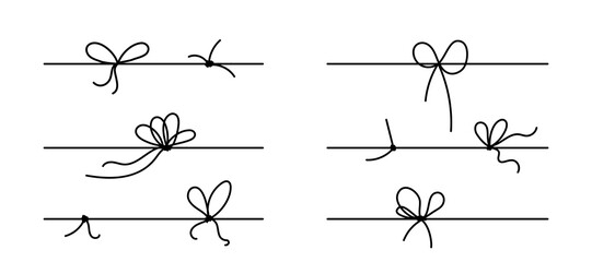 Wall Mural - Line bows on ribbon for gift decoration. String with rope knots in doodle style, simple thin line wedding elements isolated on white background